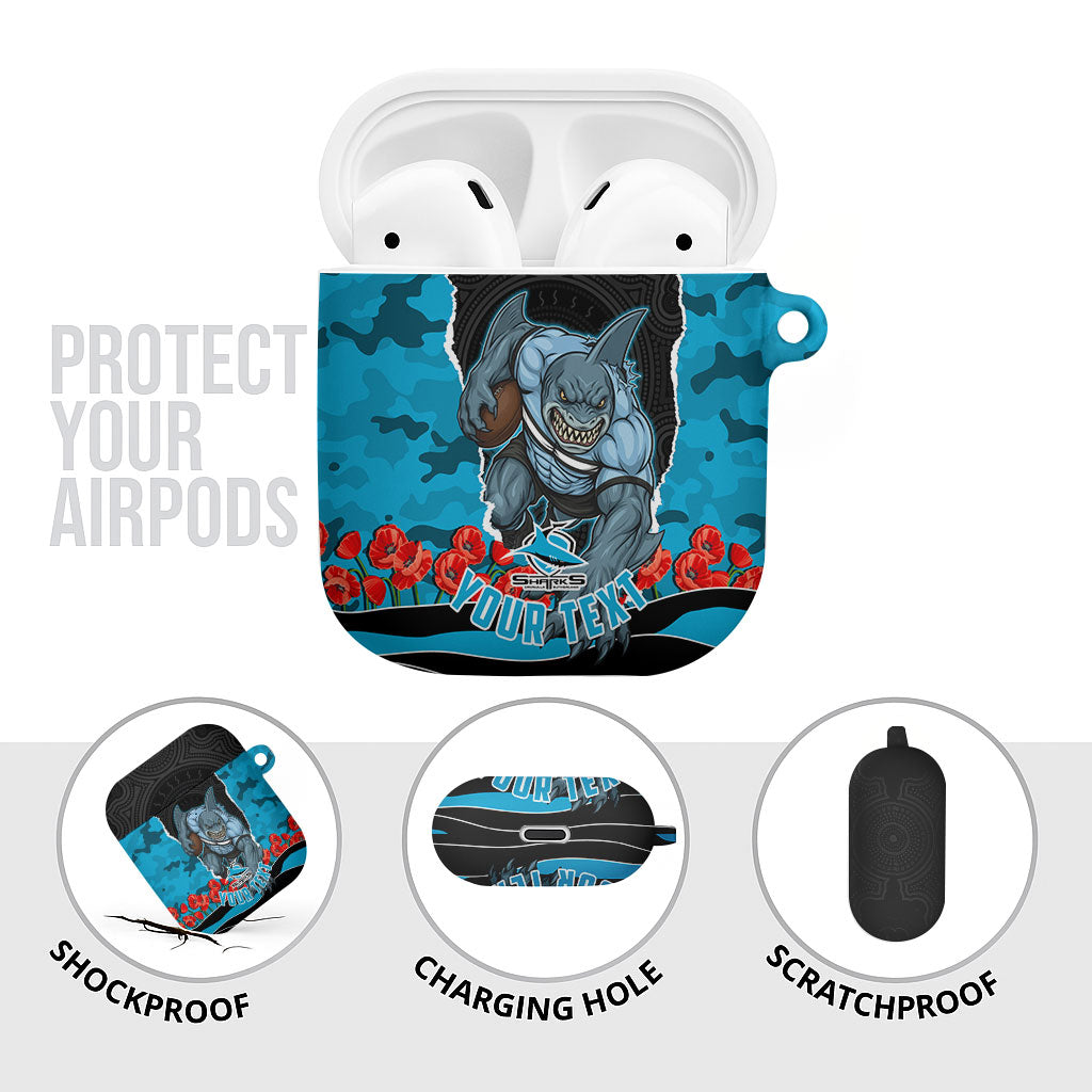 Personalized Sharks ANZAC Tribute AirPods Case Poppy Field Soldier Silhouette Aboriginal Rugby Mascot