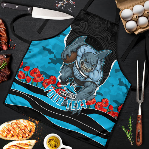 Personalized Sharks ANZAC Tribute Apron Poppy Field Soldier Silhouette Aboriginal Rugby Mascot