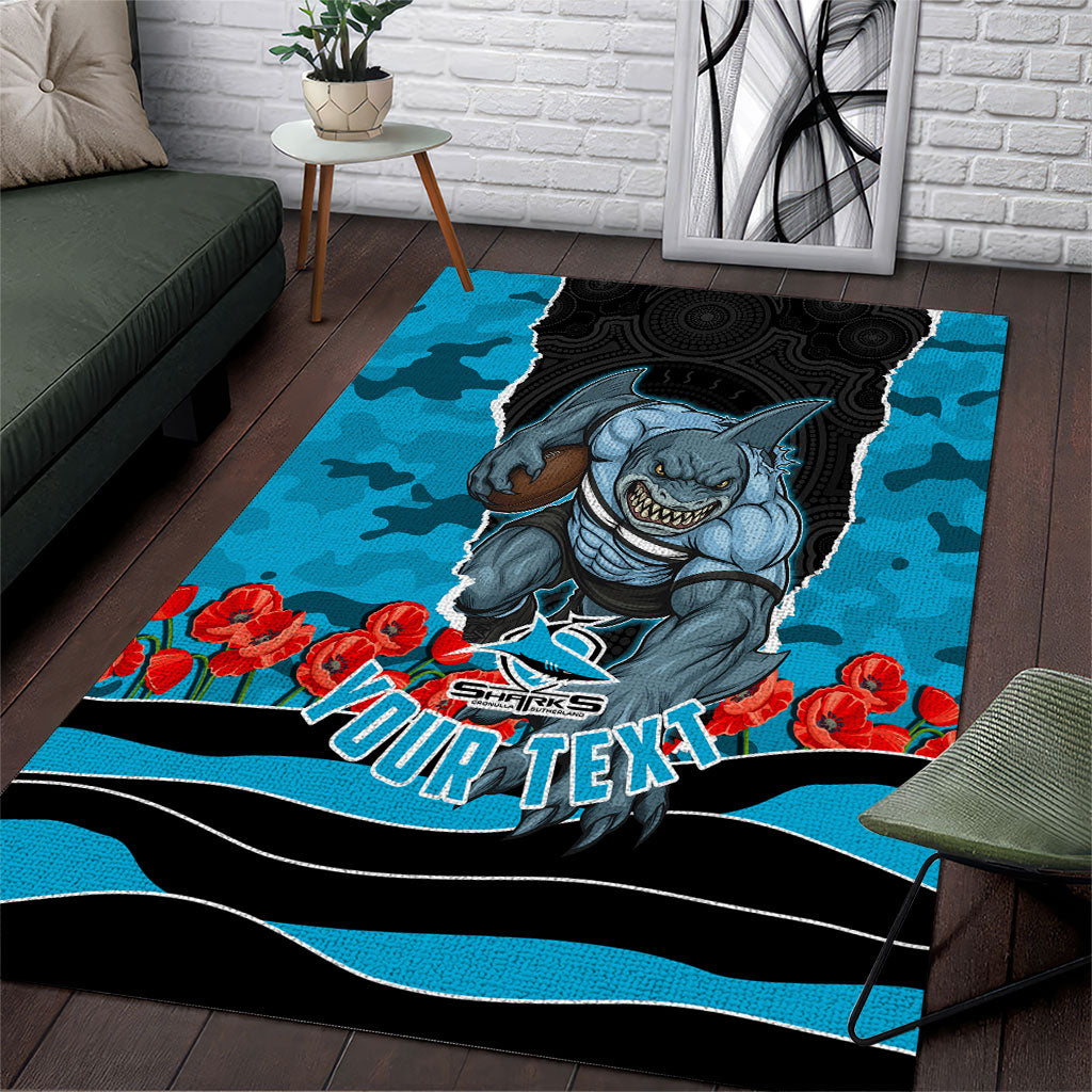 Personalized Sharks ANZAC Tribute Area Rug Poppy Field Soldier Silhouette Aboriginal Rugby Mascot