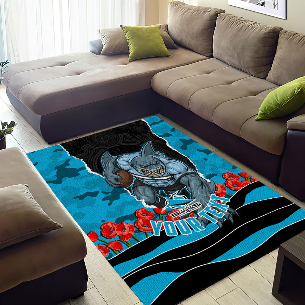 Personalized Sharks ANZAC Tribute Area Rug Poppy Field Soldier Silhouette Aboriginal Rugby Mascot