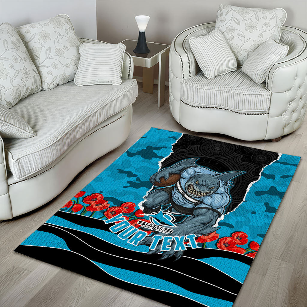 Personalized Sharks ANZAC Tribute Area Rug Poppy Field Soldier Silhouette Aboriginal Rugby Mascot