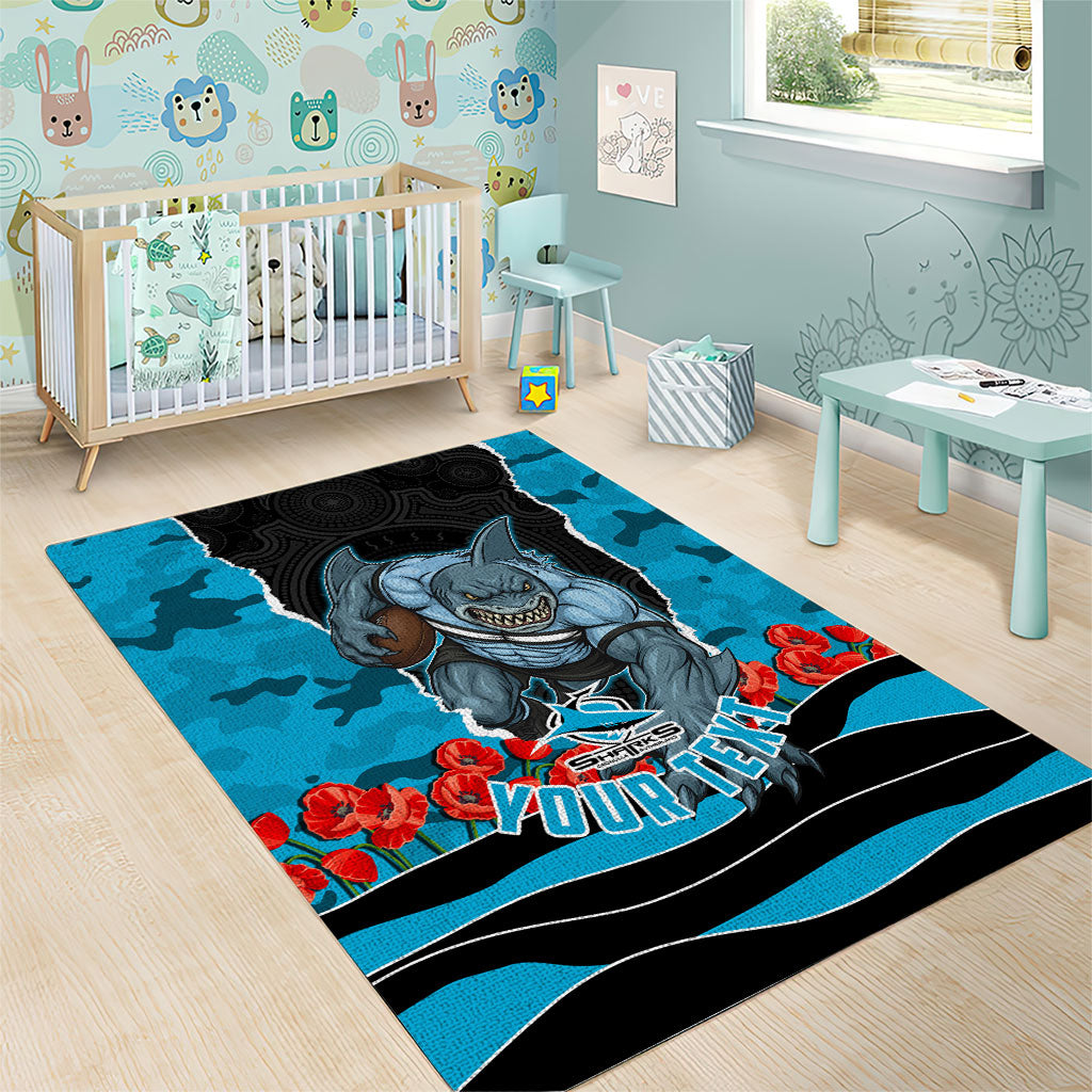 Personalized Sharks ANZAC Tribute Area Rug Poppy Field Soldier Silhouette Aboriginal Rugby Mascot