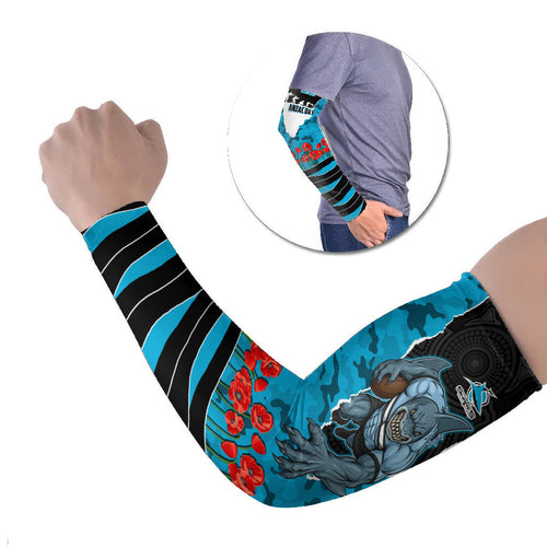 Personalized Sharks ANZAC Tribute Arm Sleeves Poppy Field Soldier Silhouette Aboriginal Rugby Mascot