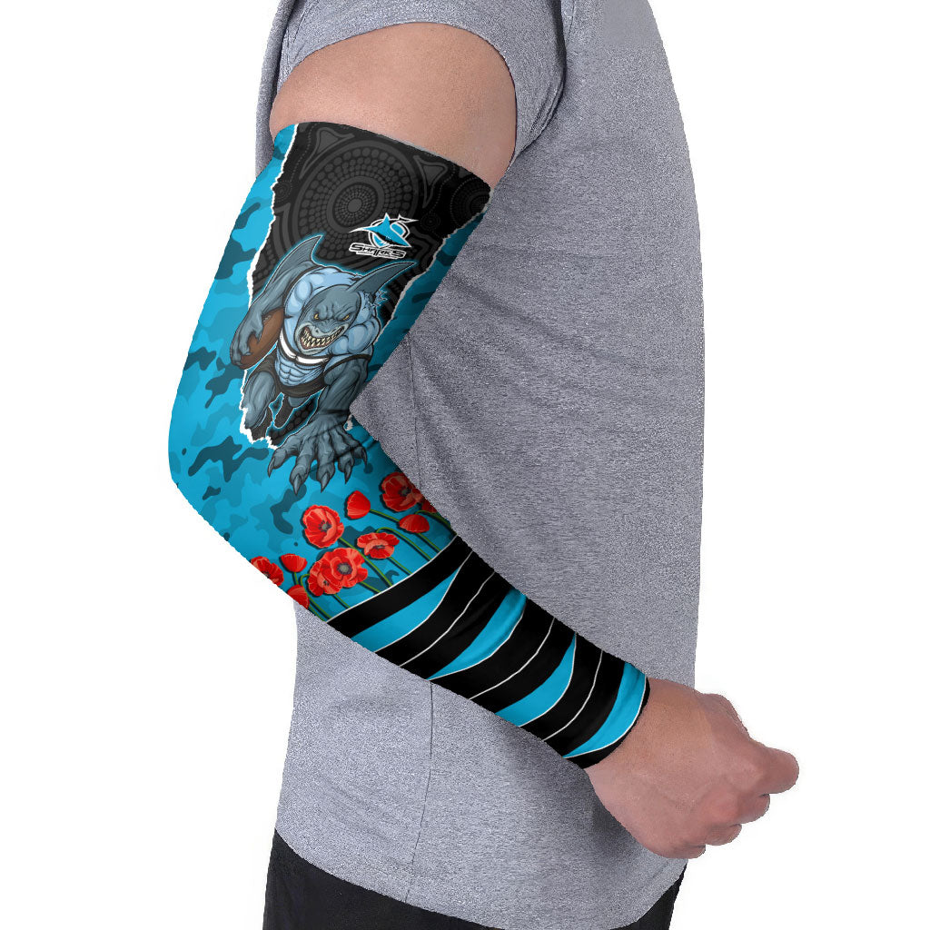Personalized Sharks ANZAC Tribute Arm Sleeves Poppy Field Soldier Silhouette Aboriginal Rugby Mascot