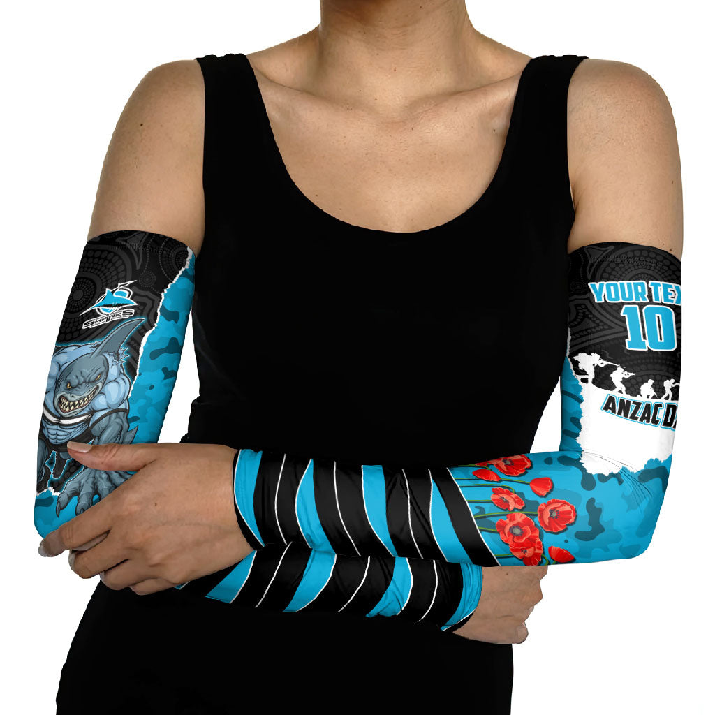 Personalized Sharks ANZAC Tribute Arm Sleeves Poppy Field Soldier Silhouette Aboriginal Rugby Mascot