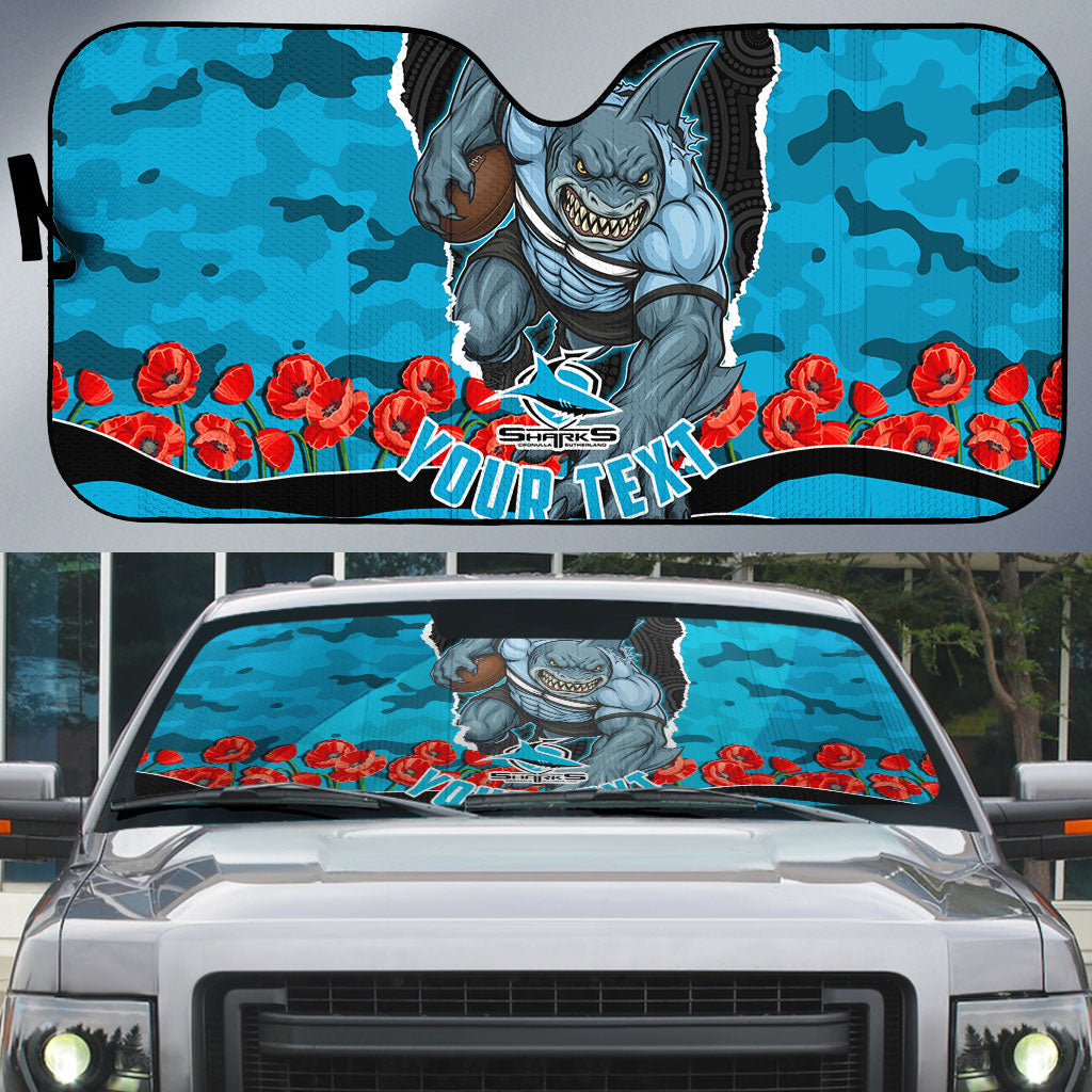 Personalized Sharks ANZAC Tribute Auto Sun Shade Poppy Field Soldier Silhouette Aboriginal Rugby Mascot