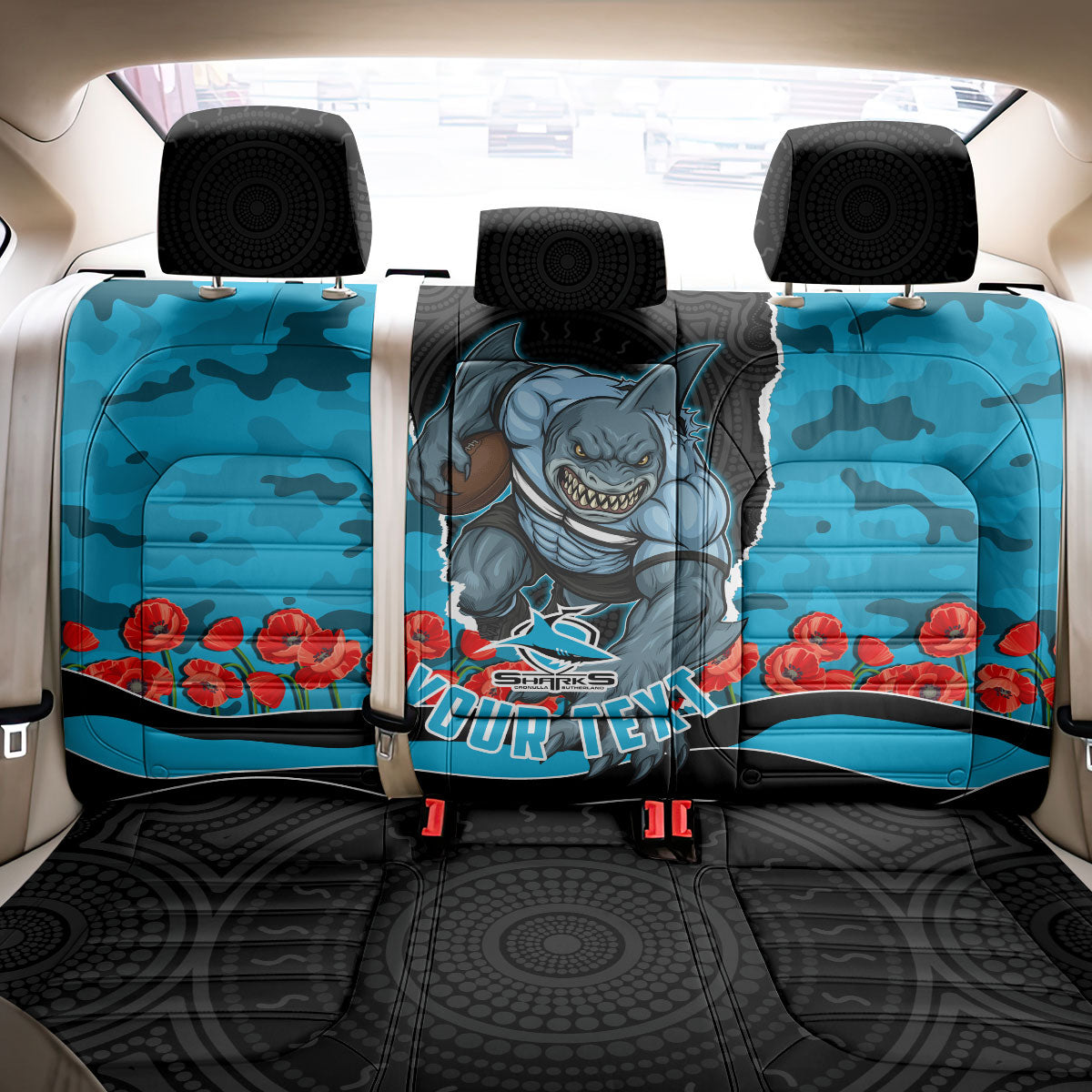 Personalized Sharks ANZAC Tribute Back Car Seat Cover Poppy Field Soldier Silhouette Aboriginal Rugby Mascot