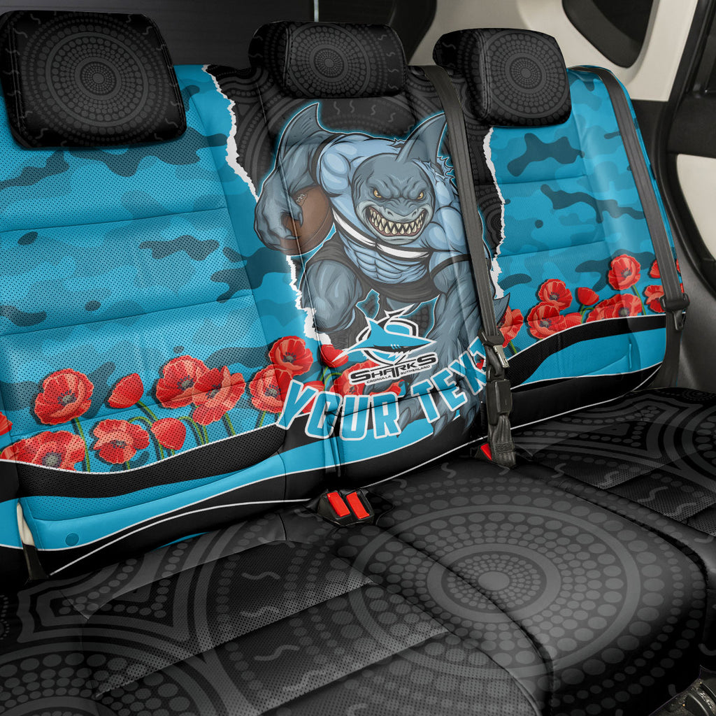 Personalized Sharks ANZAC Tribute Back Car Seat Cover Poppy Field Soldier Silhouette Aboriginal Rugby Mascot