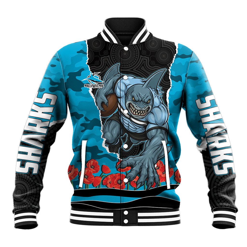Personalized Sharks ANZAC Tribute Baseball Jacket Poppy Field Soldier Silhouette Aboriginal Rugby Mascot