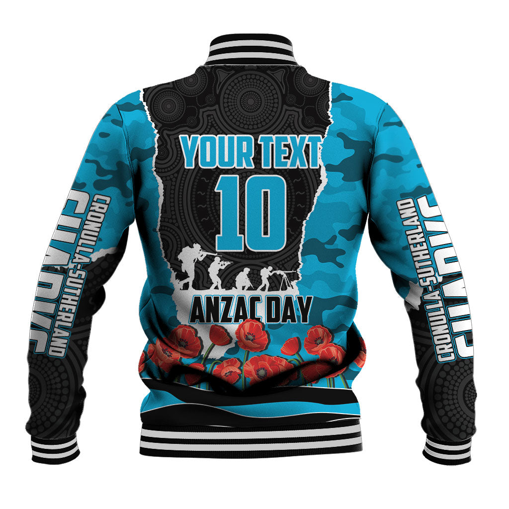 Personalized Sharks ANZAC Tribute Baseball Jacket Poppy Field Soldier Silhouette Aboriginal Rugby Mascot