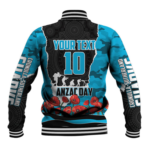 Personalized Sharks ANZAC Tribute Baseball Jacket Poppy Field Soldier Silhouette Aboriginal Rugby Mascot