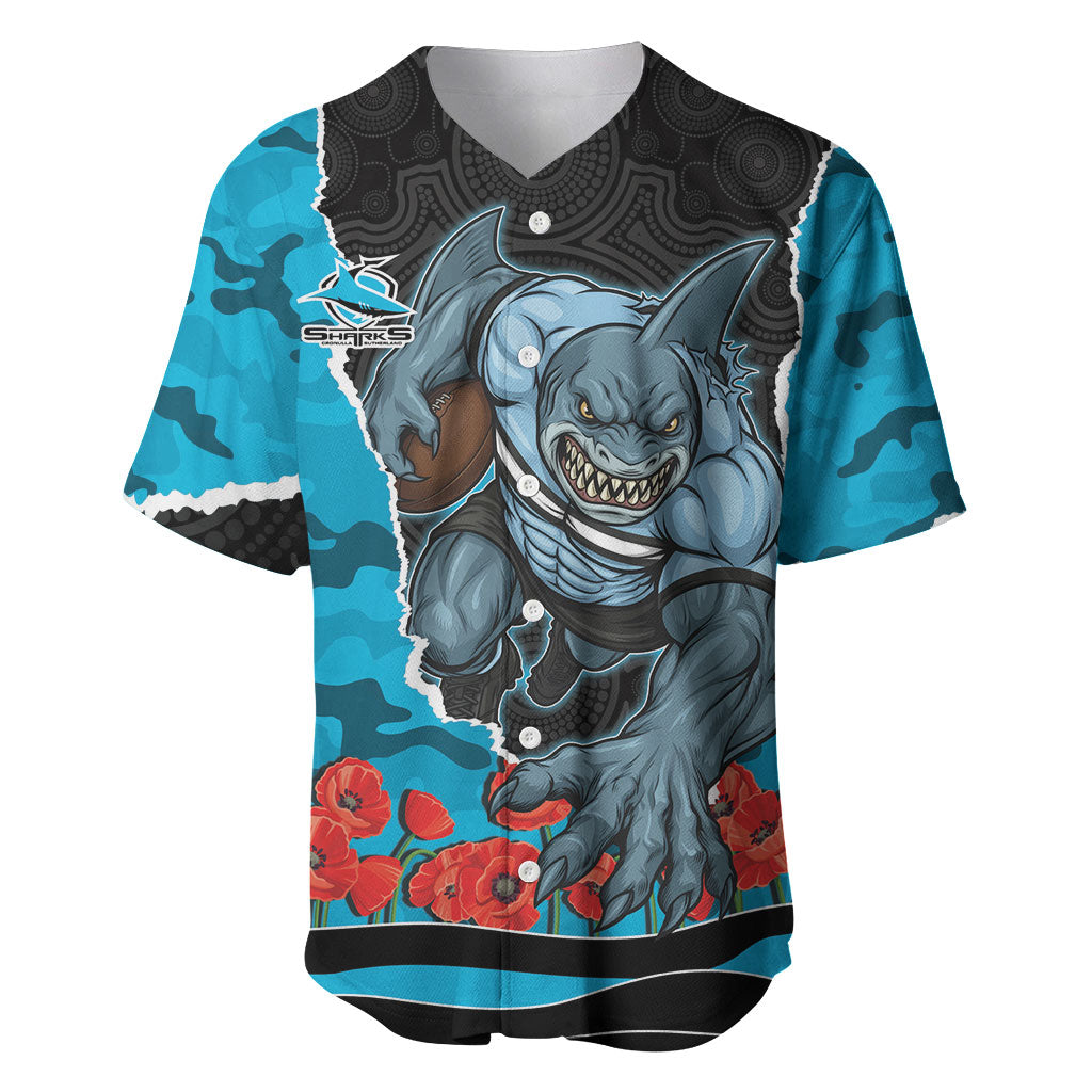 Personalized Sharks ANZAC Tribute Baseball Jersey Poppy Field Soldier Silhouette Aboriginal Rugby Mascot