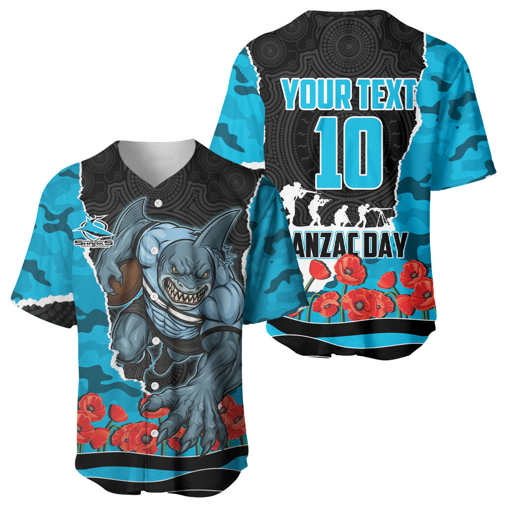 Personalized Sharks ANZAC Tribute Baseball Jersey Poppy Field Soldier Silhouette Aboriginal Rugby Mascot
