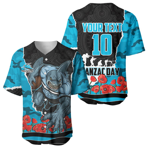 Personalized Sharks ANZAC Tribute Baseball Jersey Poppy Field Soldier Silhouette Aboriginal Rugby Mascot