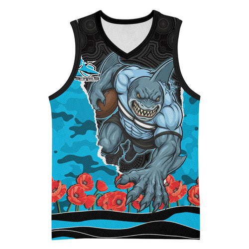 Personalized Sharks ANZAC Tribute Basketball Jersey Poppy Field Soldier Silhouette Aboriginal Rugby Mascot