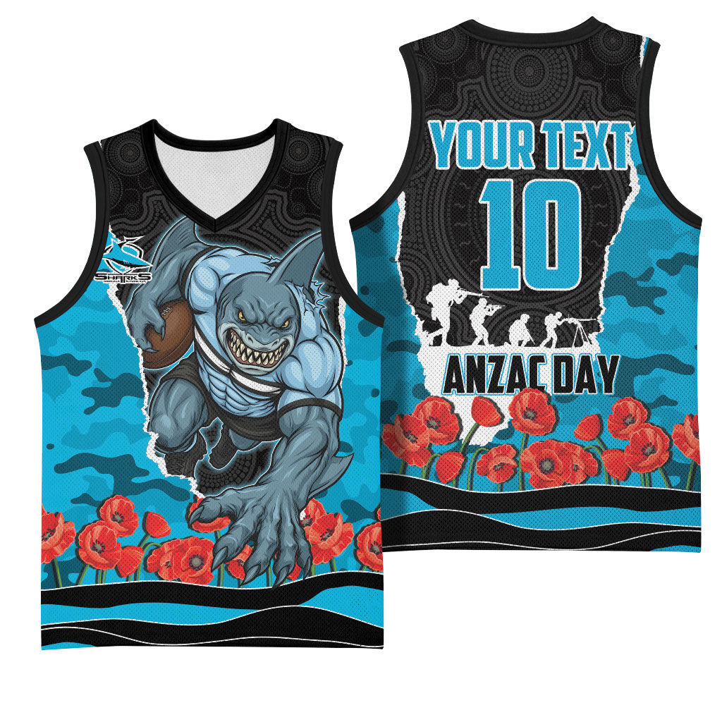 Personalized Sharks ANZAC Tribute Basketball Jersey Poppy Field Soldier Silhouette Aboriginal Rugby Mascot
