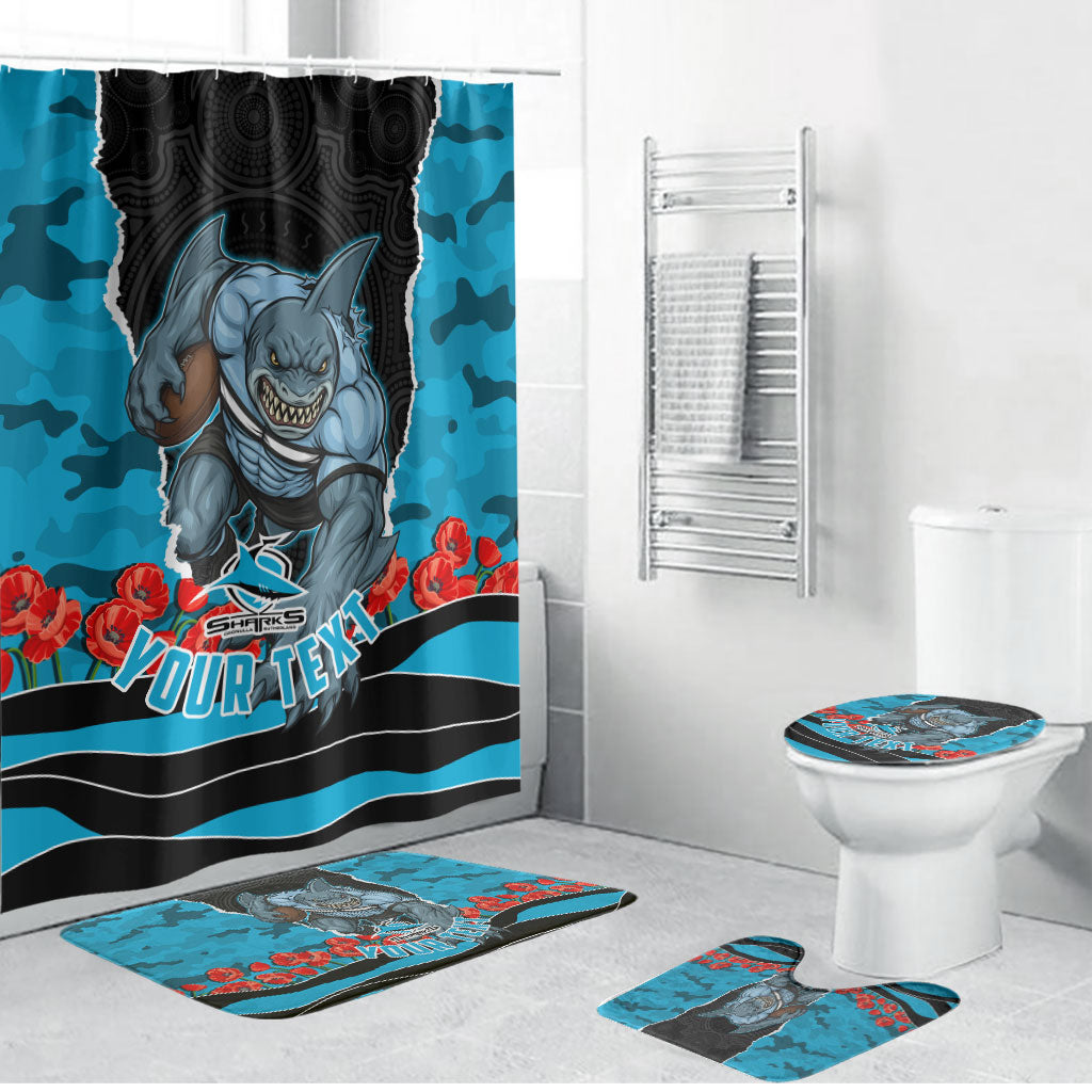 Personalized Sharks ANZAC Tribute Bathroom Set Poppy Field Soldier Silhouette Aboriginal Rugby Mascot