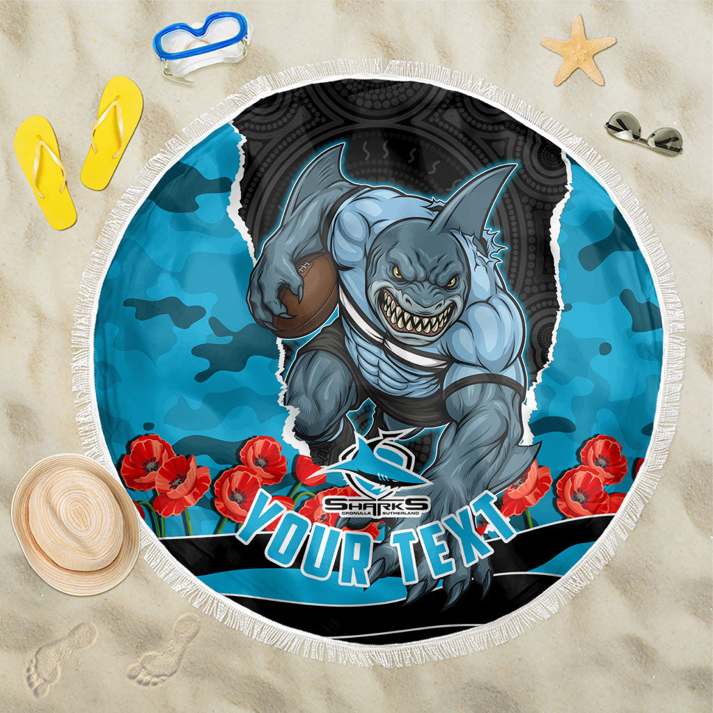 Personalized Sharks ANZAC Tribute Beach Blanket Poppy Field Soldier Silhouette Aboriginal Rugby Mascot