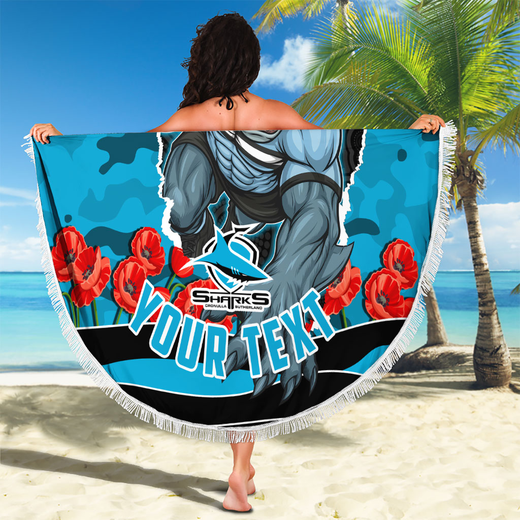 Personalized Sharks ANZAC Tribute Beach Blanket Poppy Field Soldier Silhouette Aboriginal Rugby Mascot