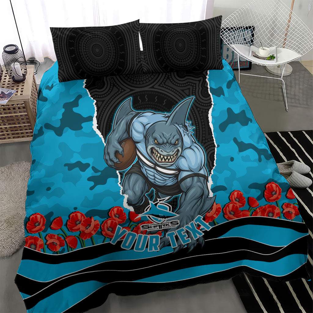 Personalized Sharks ANZAC Tribute Bedding Set Poppy Field Soldier Silhouette Aboriginal Rugby Mascot