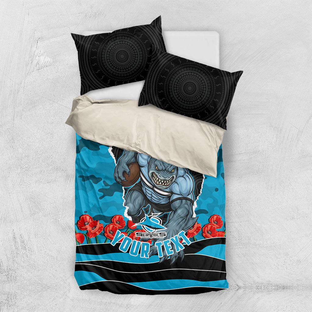 Personalized Sharks ANZAC Tribute Bedding Set Poppy Field Soldier Silhouette Aboriginal Rugby Mascot