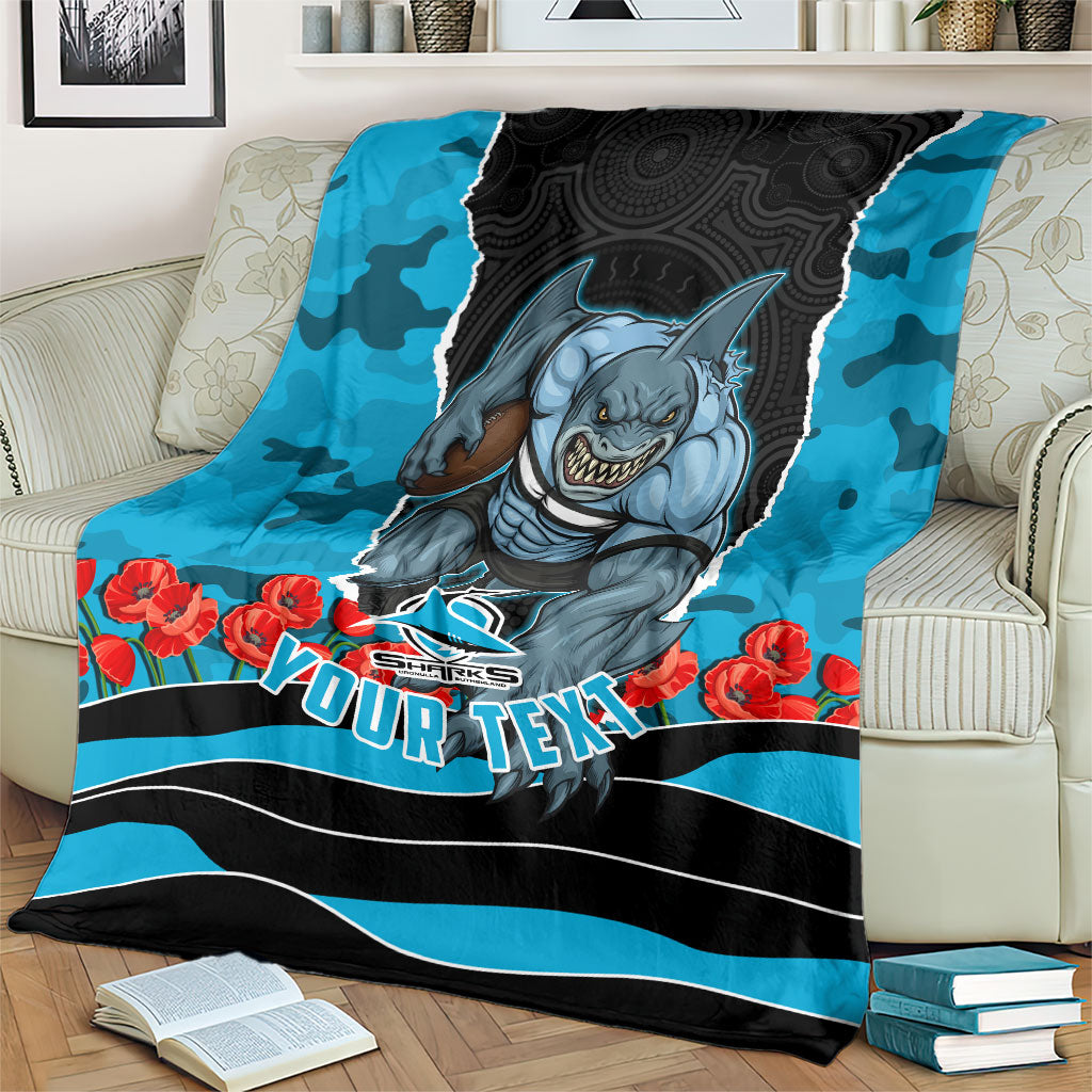 Personalized Sharks ANZAC Tribute Blanket Poppy Field Soldier Silhouette Aboriginal Rugby Mascot
