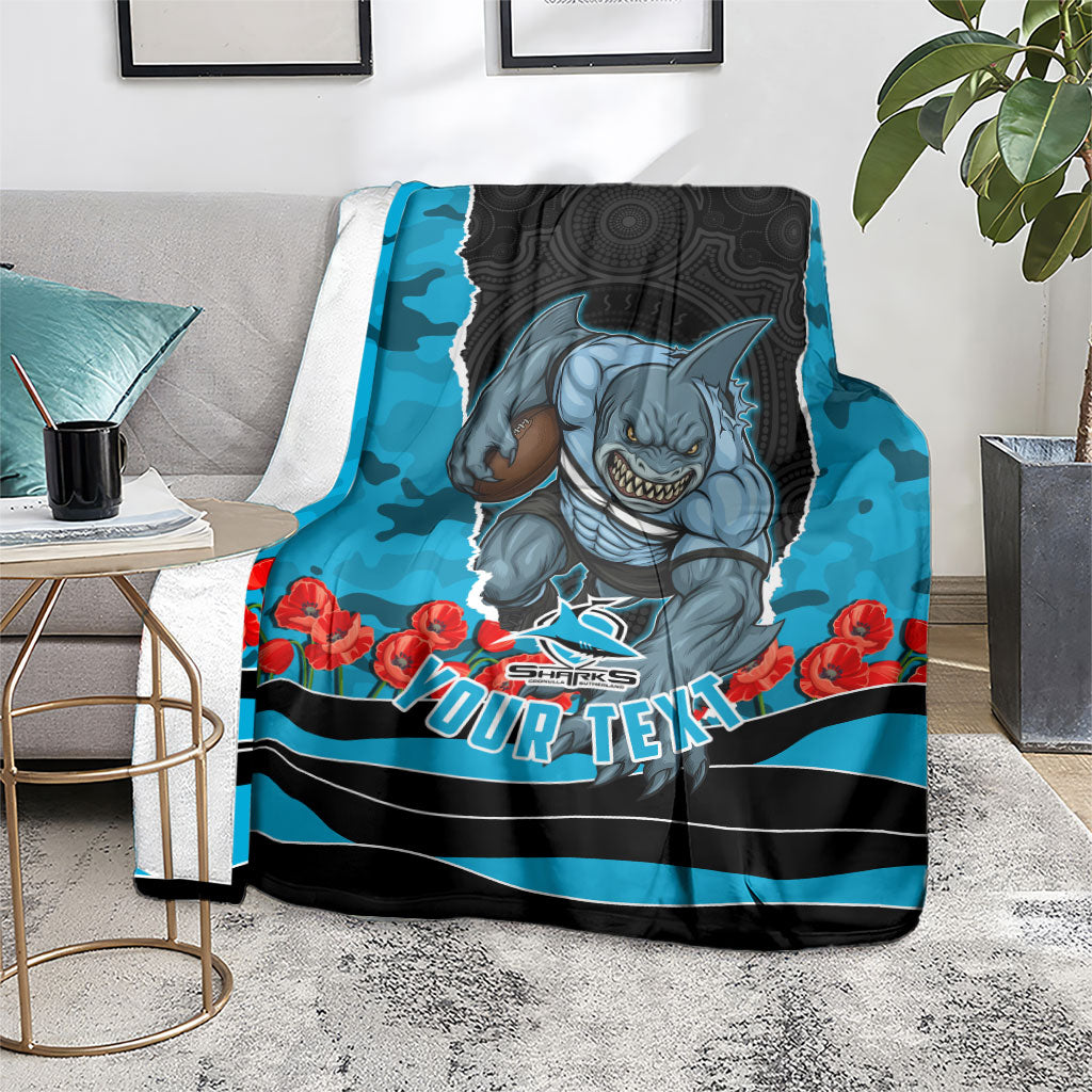 Personalized Sharks ANZAC Tribute Blanket Poppy Field Soldier Silhouette Aboriginal Rugby Mascot