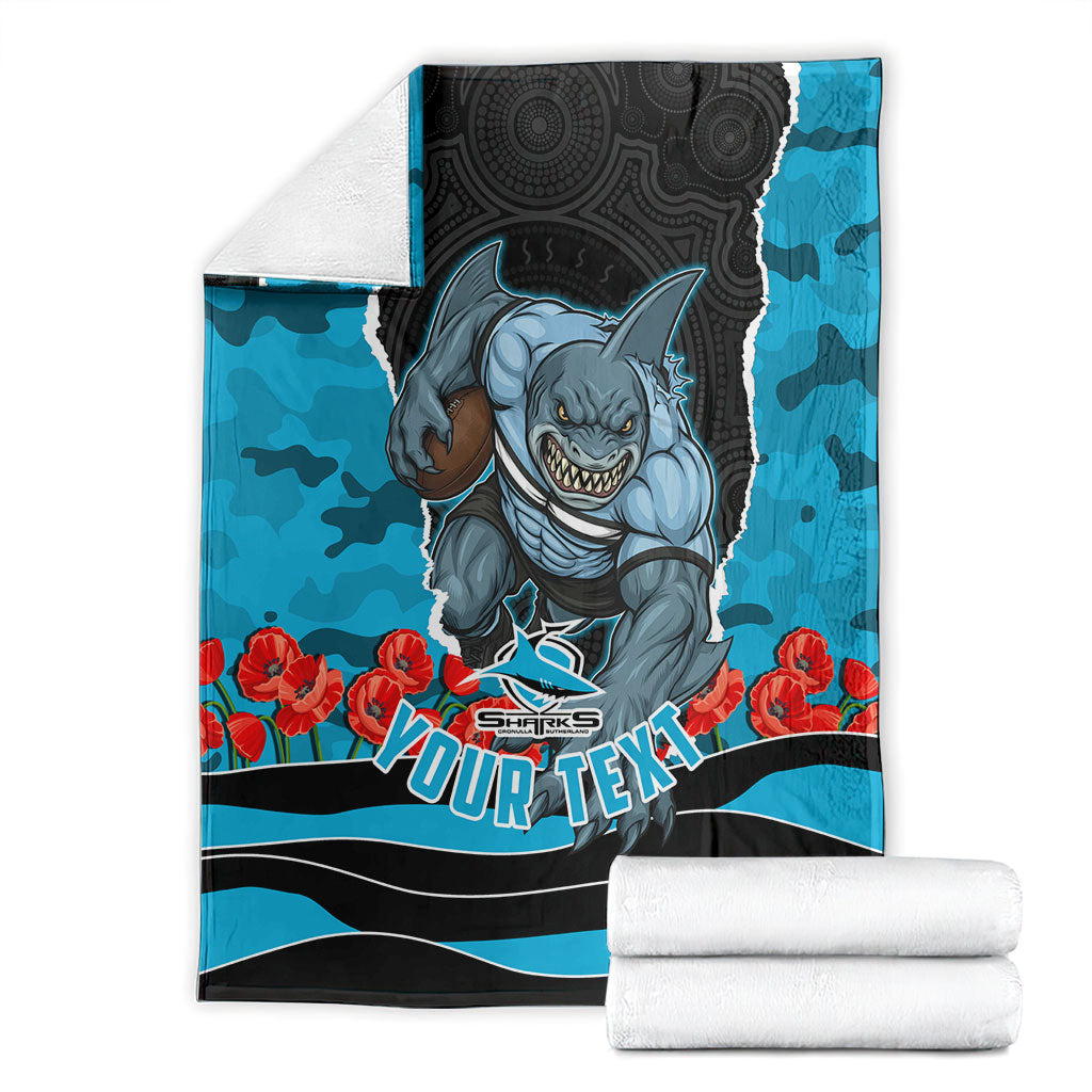 Personalized Sharks ANZAC Tribute Blanket Poppy Field Soldier Silhouette Aboriginal Rugby Mascot