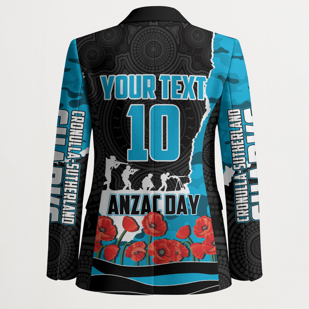 Personalized Sharks ANZAC Tribute Blazer Poppy Field Soldier Silhouette Aboriginal Rugby Mascot