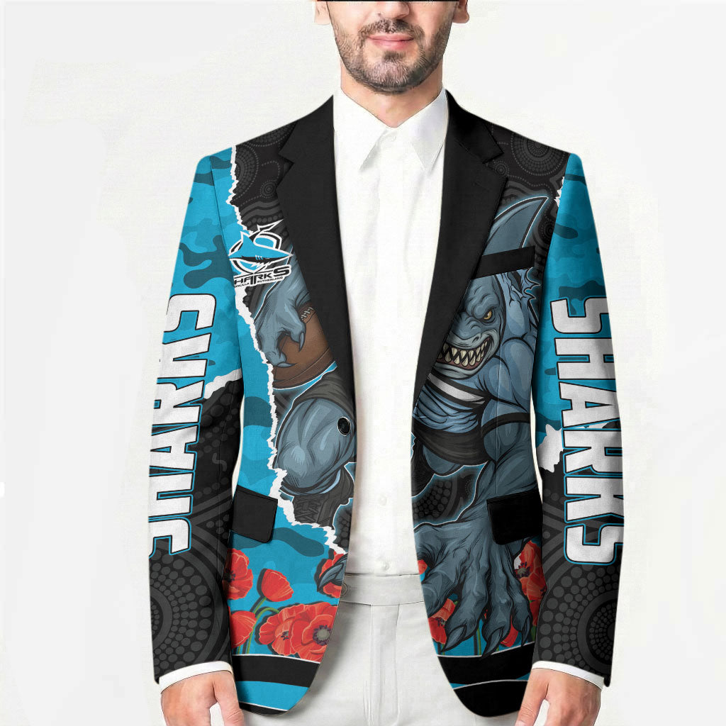 Personalized Sharks ANZAC Tribute Blazer Poppy Field Soldier Silhouette Aboriginal Rugby Mascot