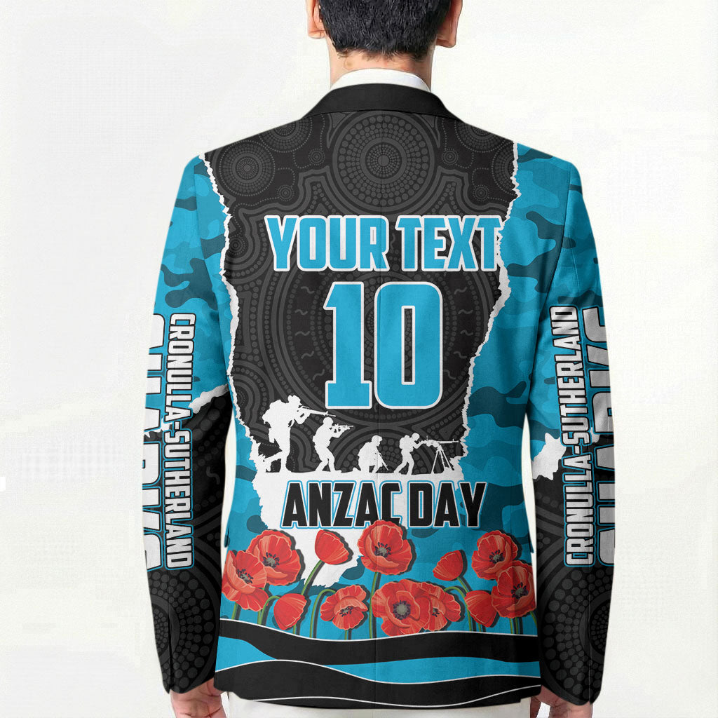 Personalized Sharks ANZAC Tribute Blazer Poppy Field Soldier Silhouette Aboriginal Rugby Mascot