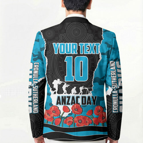Personalized Sharks ANZAC Tribute Blazer Poppy Field Soldier Silhouette Aboriginal Rugby Mascot
