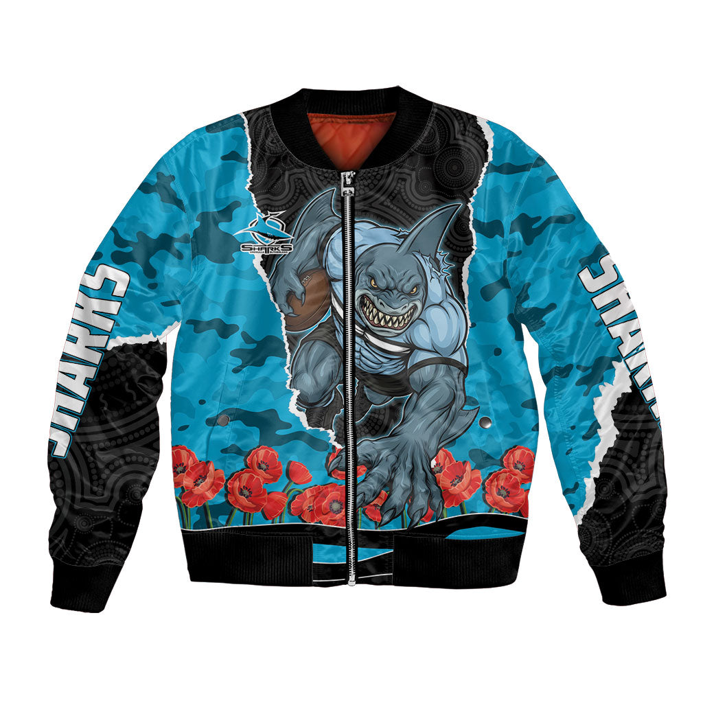 Personalized Sharks ANZAC Tribute Bomber Jacket Poppy Field Soldier Silhouette Aboriginal Rugby Mascot