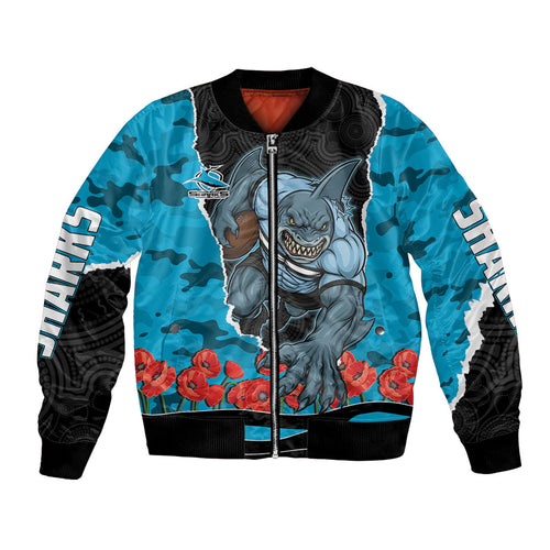 Personalized Sharks ANZAC Tribute Bomber Jacket Poppy Field Soldier Silhouette Aboriginal Rugby Mascot