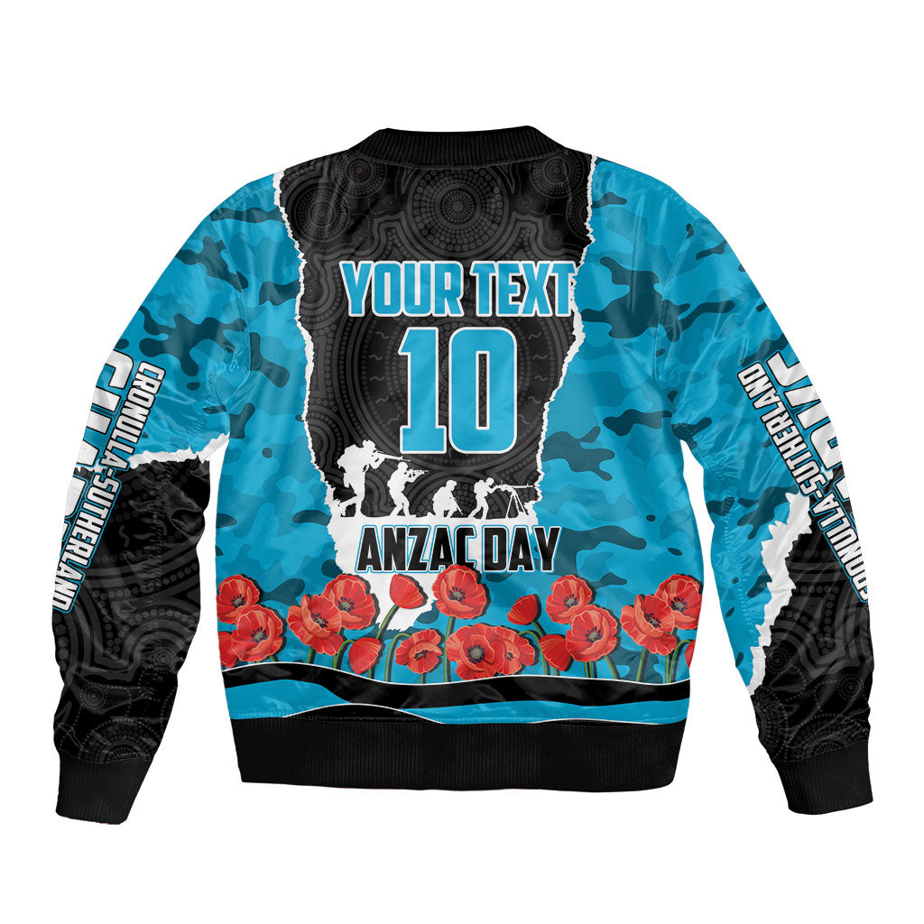 Personalized Sharks ANZAC Tribute Bomber Jacket Poppy Field Soldier Silhouette Aboriginal Rugby Mascot