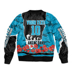 Personalized Sharks ANZAC Tribute Bomber Jacket Poppy Field Soldier Silhouette Aboriginal Rugby Mascot