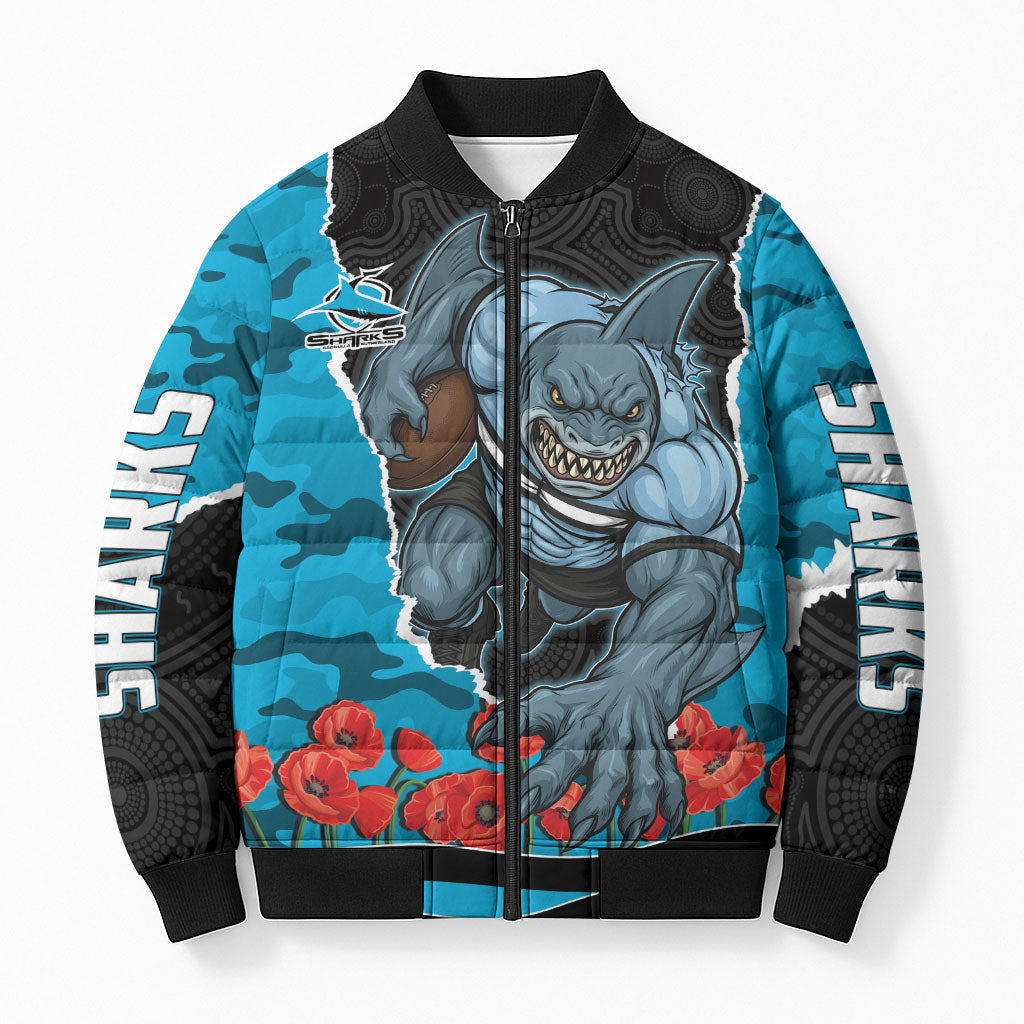 Personalized Sharks ANZAC Tribute Bomber Puffer Jacket Poppy Field Soldier Silhouette Aboriginal Rugby Mascot