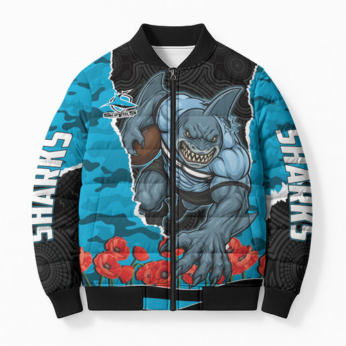 Personalized Sharks ANZAC Tribute Bomber Puffer Jacket Poppy Field Soldier Silhouette Aboriginal Rugby Mascot