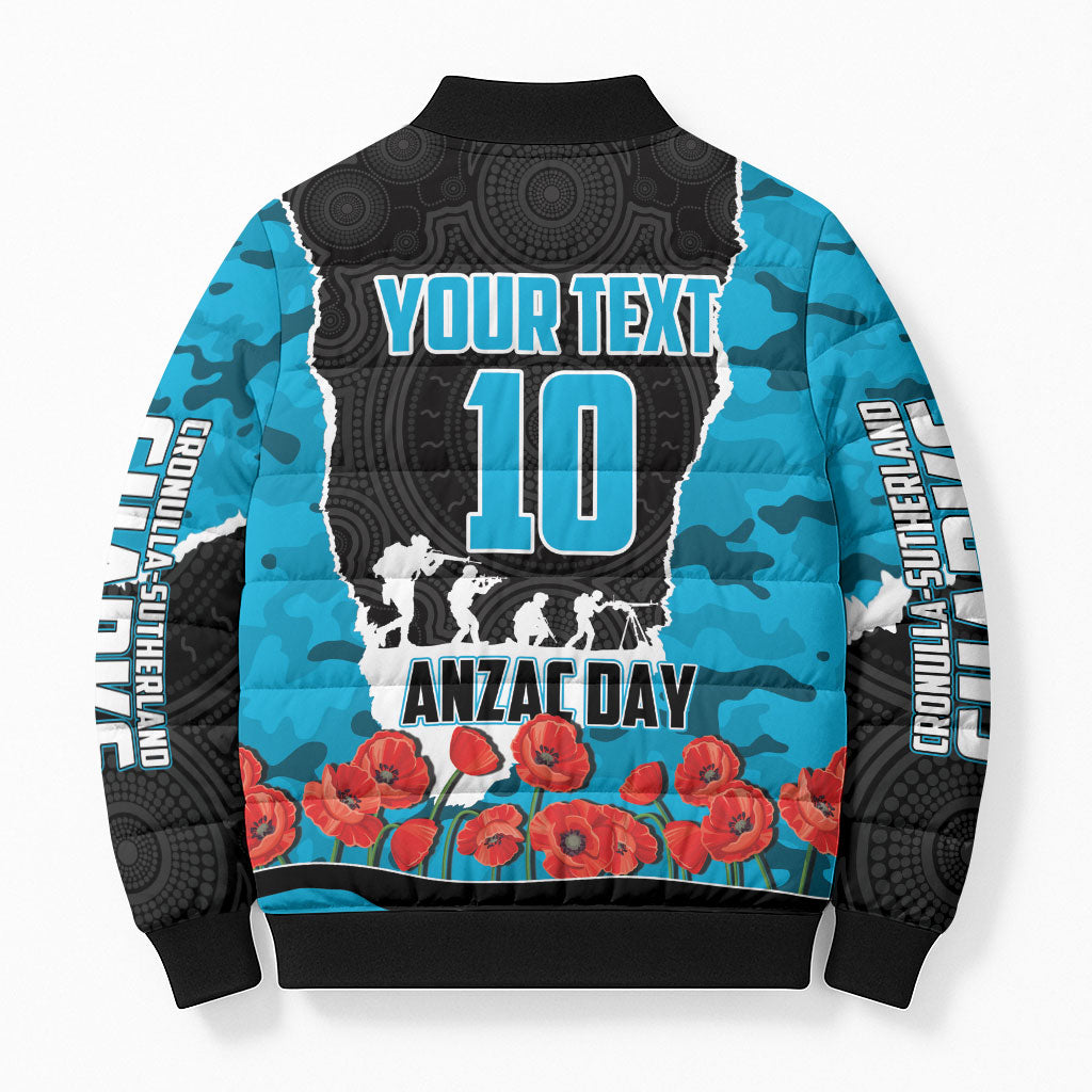 Personalized Sharks ANZAC Tribute Bomber Puffer Jacket Poppy Field Soldier Silhouette Aboriginal Rugby Mascot