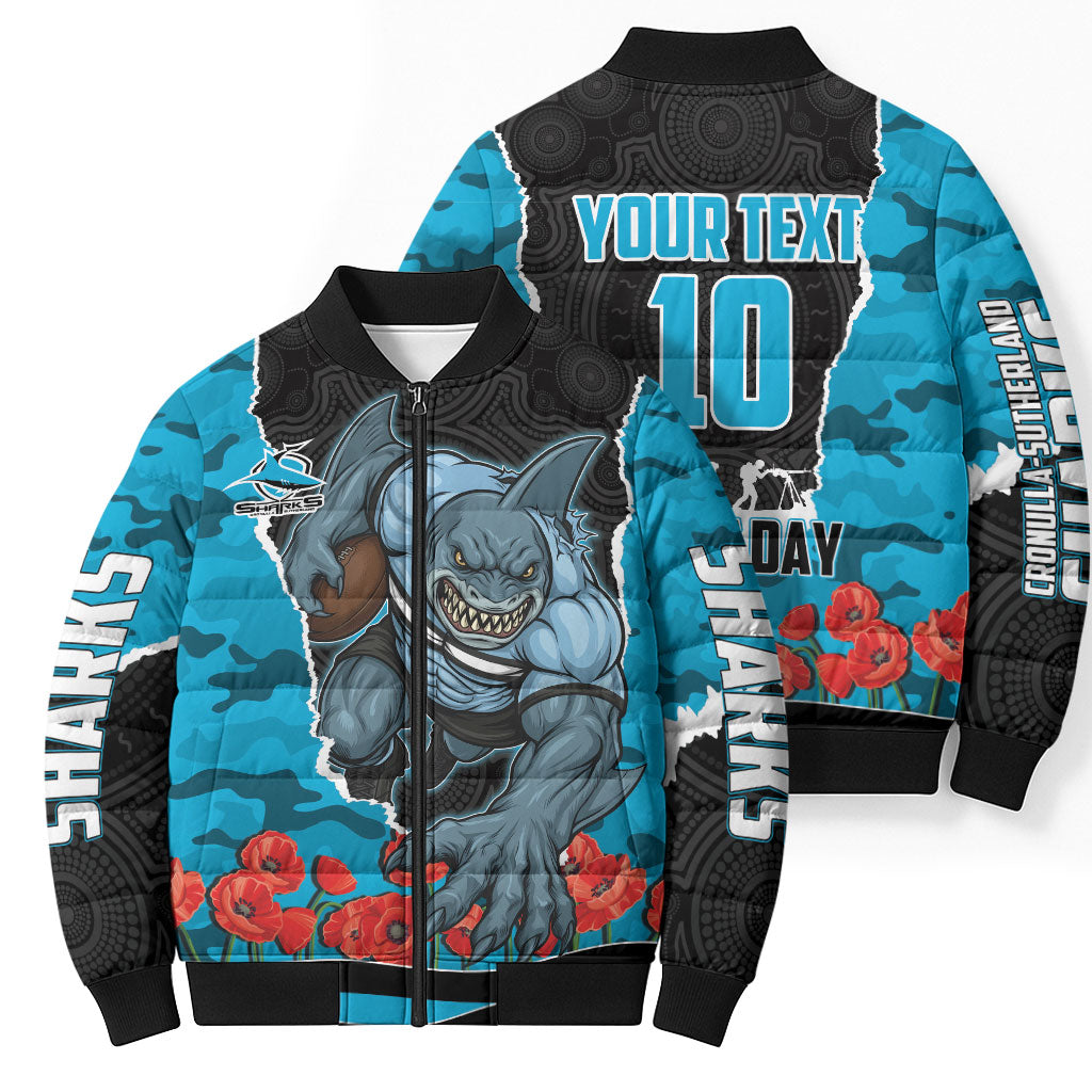 Personalized Sharks ANZAC Tribute Bomber Puffer Jacket Poppy Field Soldier Silhouette Aboriginal Rugby Mascot