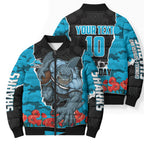 Personalized Sharks ANZAC Tribute Bomber Puffer Jacket Poppy Field Soldier Silhouette Aboriginal Rugby Mascot