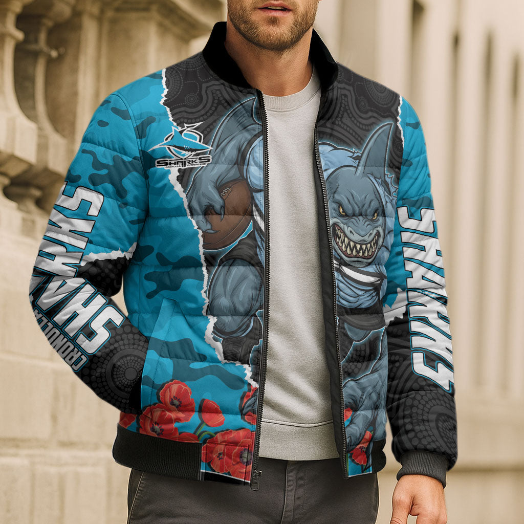 Personalized Sharks ANZAC Tribute Bomber Puffer Jacket Poppy Field Soldier Silhouette Aboriginal Rugby Mascot