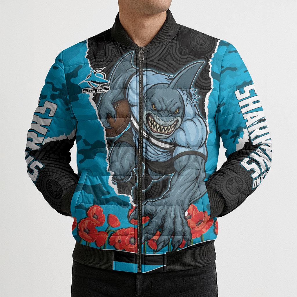 Personalized Sharks ANZAC Tribute Bomber Puffer Jacket Poppy Field Soldier Silhouette Aboriginal Rugby Mascot