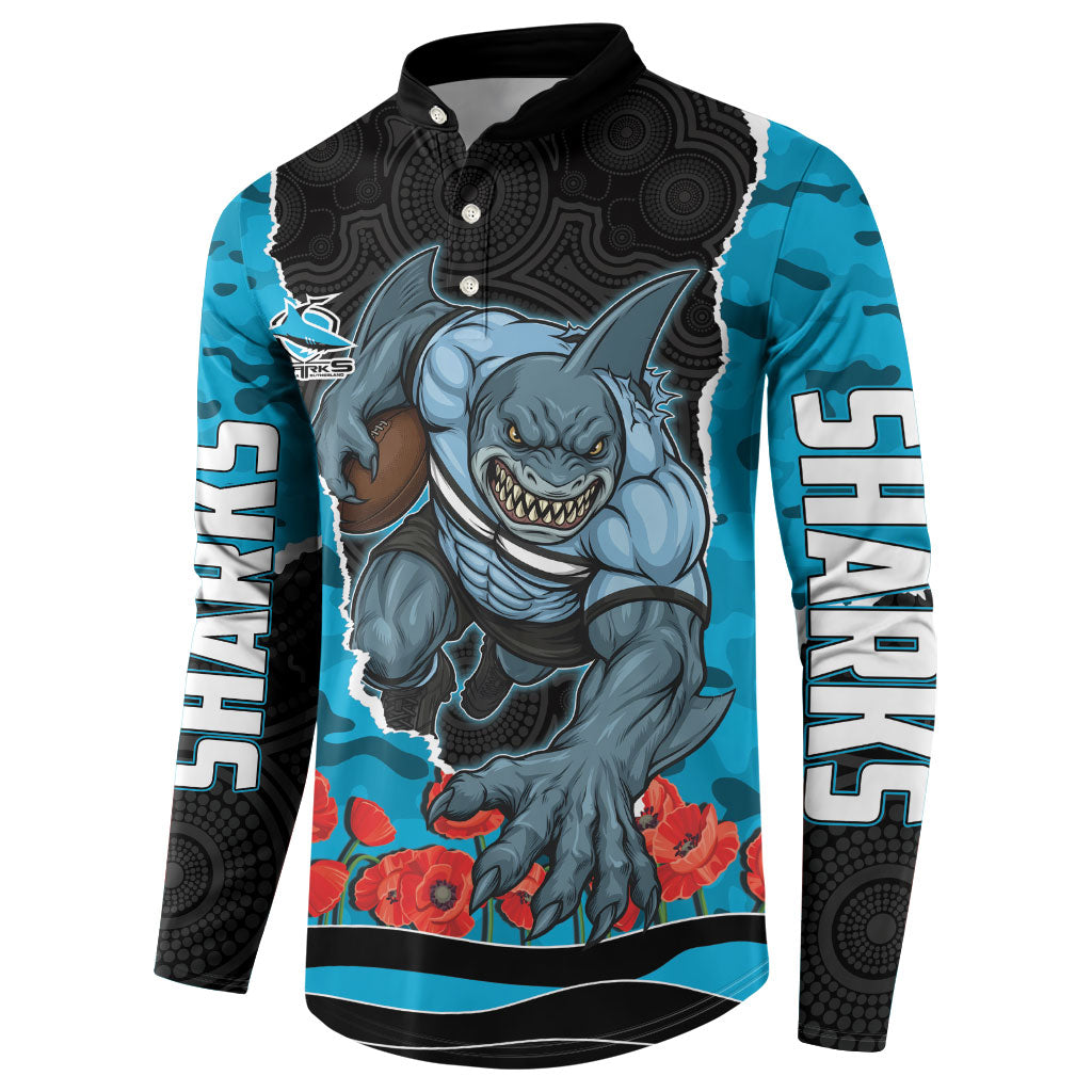 Personalized Sharks ANZAC Tribute Button Sweatshirt Poppy Field Soldier Silhouette Aboriginal Rugby Mascot