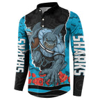 Personalized Sharks ANZAC Tribute Button Sweatshirt Poppy Field Soldier Silhouette Aboriginal Rugby Mascot
