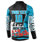 Personalized Sharks ANZAC Tribute Button Sweatshirt Poppy Field Soldier Silhouette Aboriginal Rugby Mascot