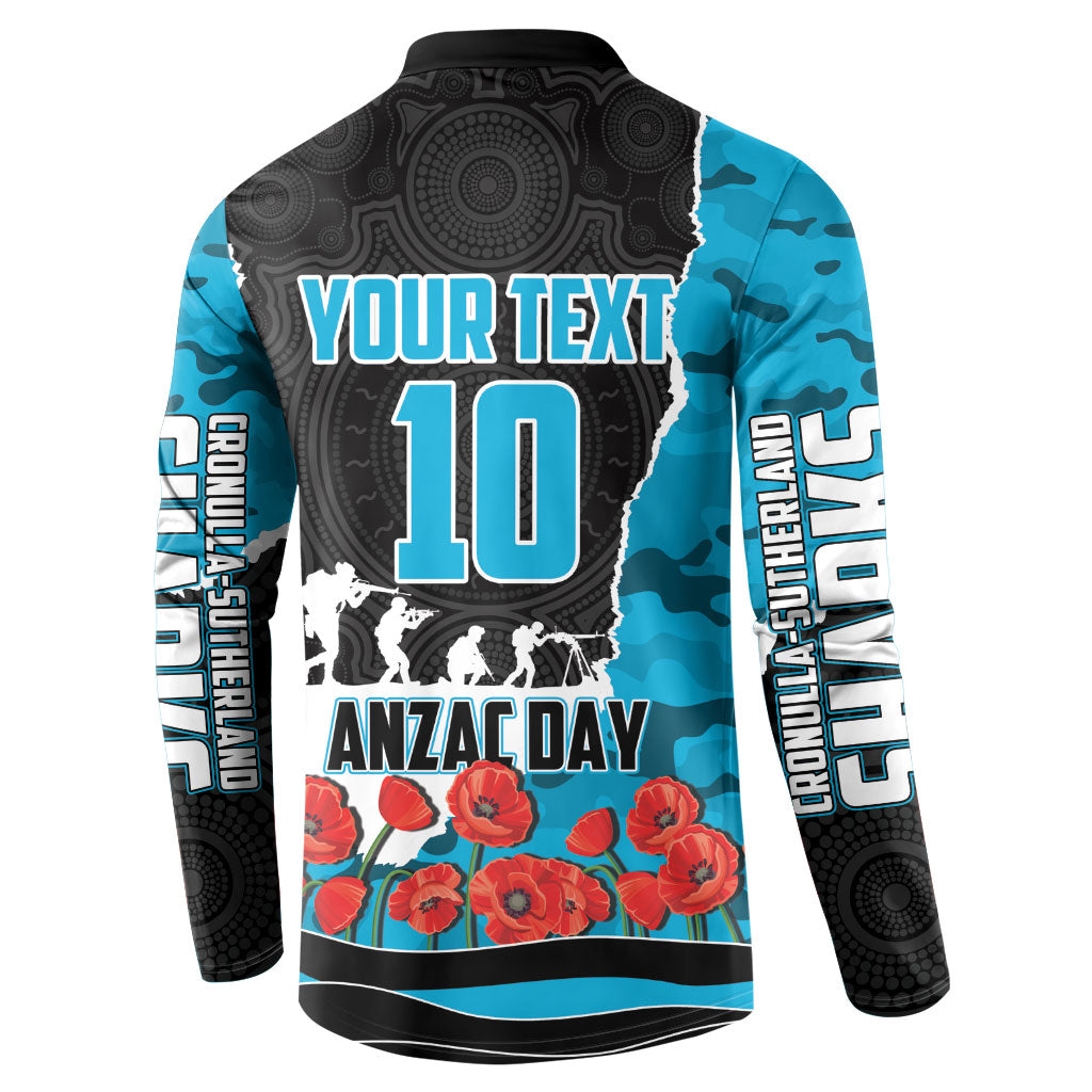 Personalized Sharks ANZAC Tribute Button Sweatshirt Poppy Field Soldier Silhouette Aboriginal Rugby Mascot
