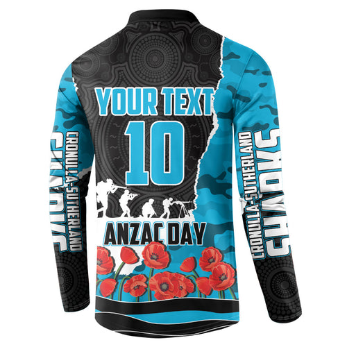 Personalized Sharks ANZAC Tribute Button Sweatshirt Poppy Field Soldier Silhouette Aboriginal Rugby Mascot