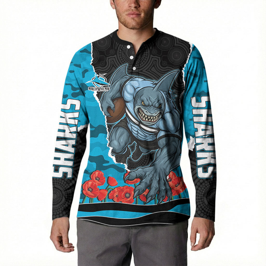 Personalized Sharks ANZAC Tribute Button Sweatshirt Poppy Field Soldier Silhouette Aboriginal Rugby Mascot