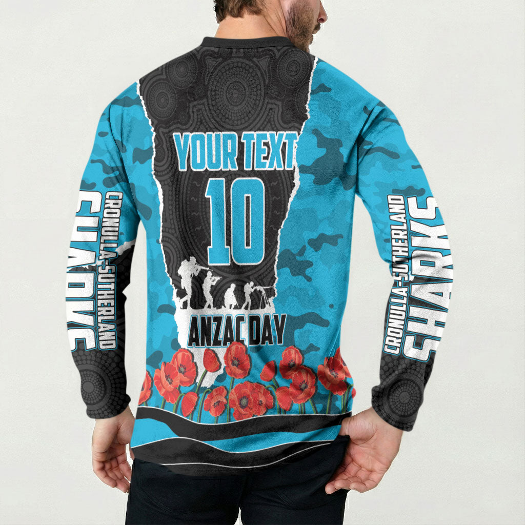 Personalized Sharks ANZAC Tribute Button Sweatshirt Poppy Field Soldier Silhouette Aboriginal Rugby Mascot